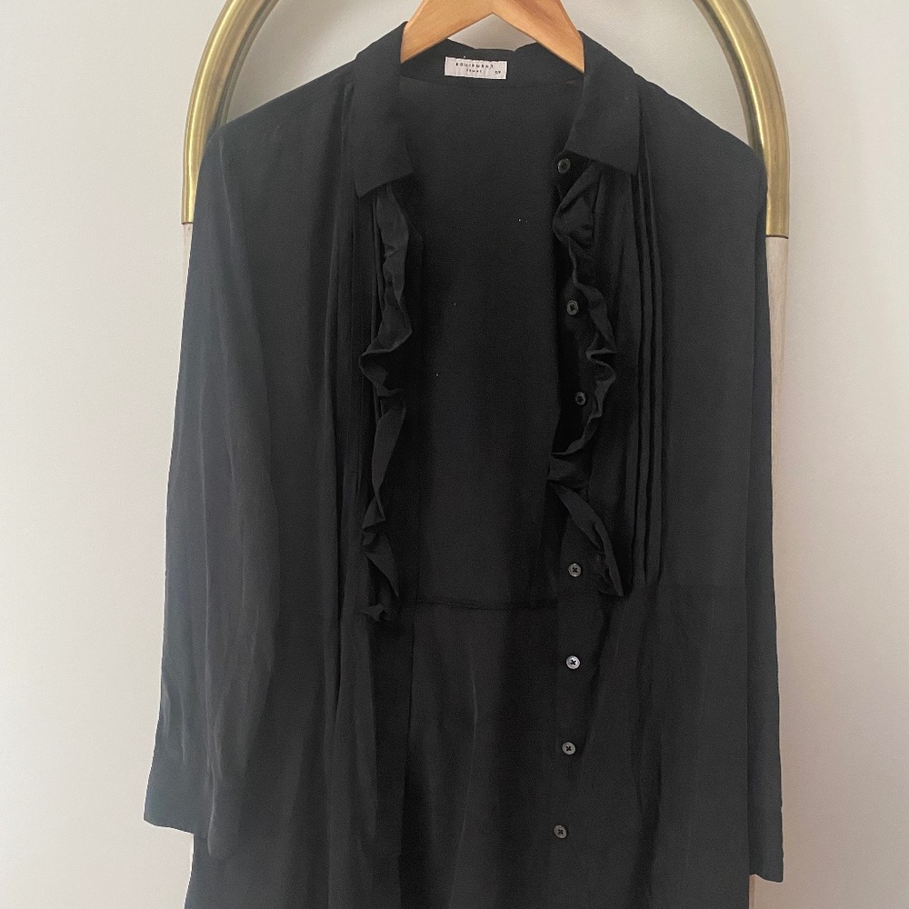 Equipment Silk Black Long Sleeves Buttondown Tunic Dress With Ruffles Size S/P